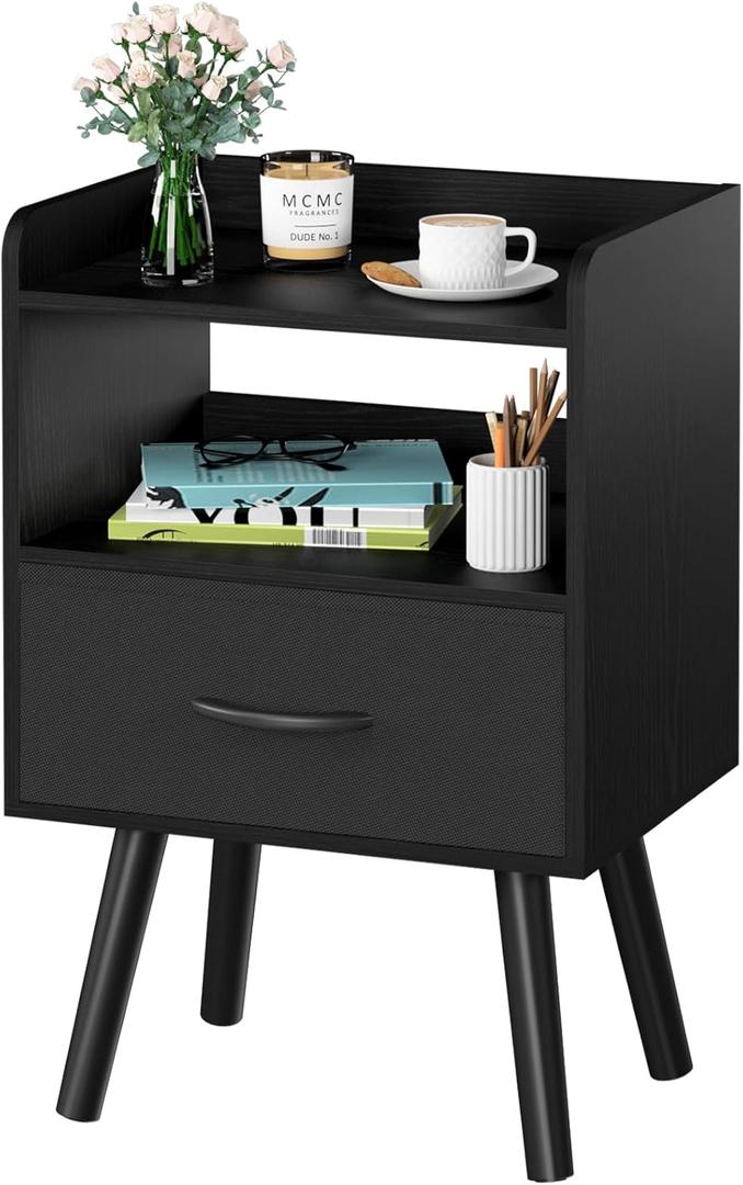 Yoobure Night Stand with Fabric Drawer, Modern Nightstand, Bedside Tables, Mid Century Nightstands with Open Storage Shelf, Wood Bedside Table, Small Night Stands for Bedrooms, 2-Tier Night Table (Black)