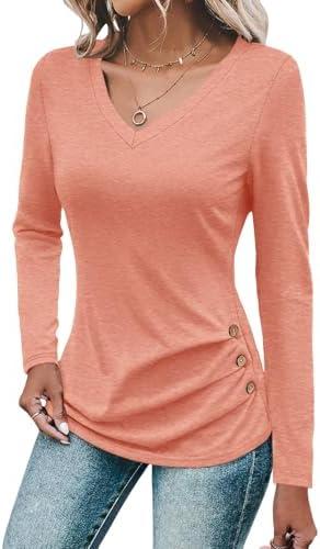 Micticsi Womens V Neck Long Sleeve T Shirts Ruched Tops Casual Loose Fit Tees Fall Fashion Outfits 2025 Size XXL
