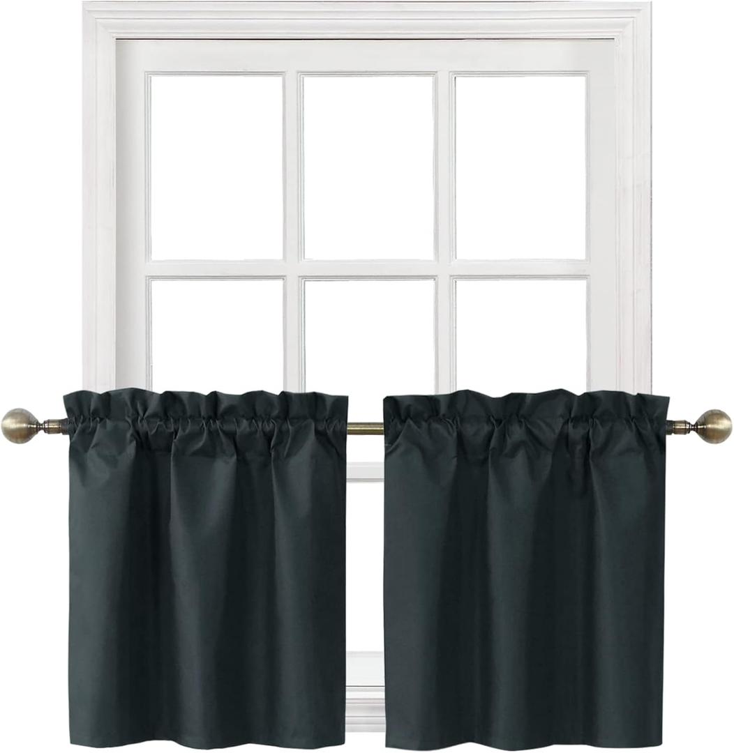 Home Queen Blackout Rod Pocket Tier Curtains for Small Window, Short Room Darkening Basement Curtains, Cafe Drapes, 2 Panels, 26 W x 24 L Inch Each, Black