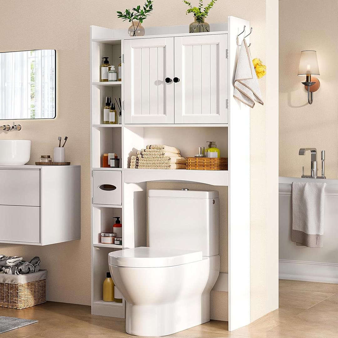 Gizoon Over The Toilet Storage Cabinet, 66''H Over Toilet Bathroom Organizer, Over Toilet Storage Cabinet with 2 Doors, Paper Holder and Racks, Adjustable Shelf, for Bathroom, Laundry, White