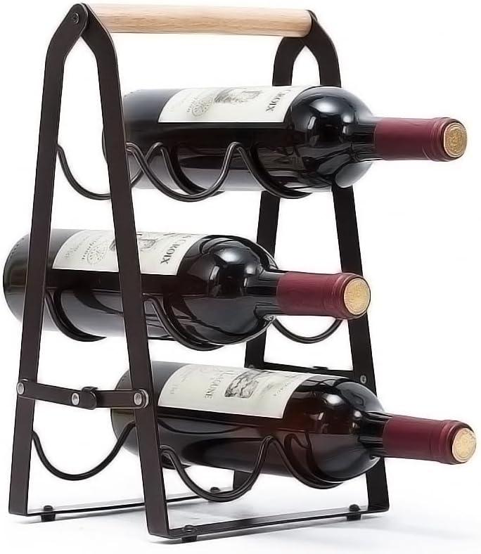 HMKAIJUFUL Wine Rack, 6 Bottle Wooden Countertop Free Standing Shelf,3 Tier Bottle Holder Stand for Home Bar Tabletop, Cabinet Inserts, Kitchen, Wine Cellar Storage No Assembly(Black)