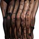 Ramede 6 Pairs Women Fishnet Thigh High Stockings Waist Tights Bow Patterned Fishnet Leggings Pantyhose for Halloween (X-Large-XX-Large, Black)