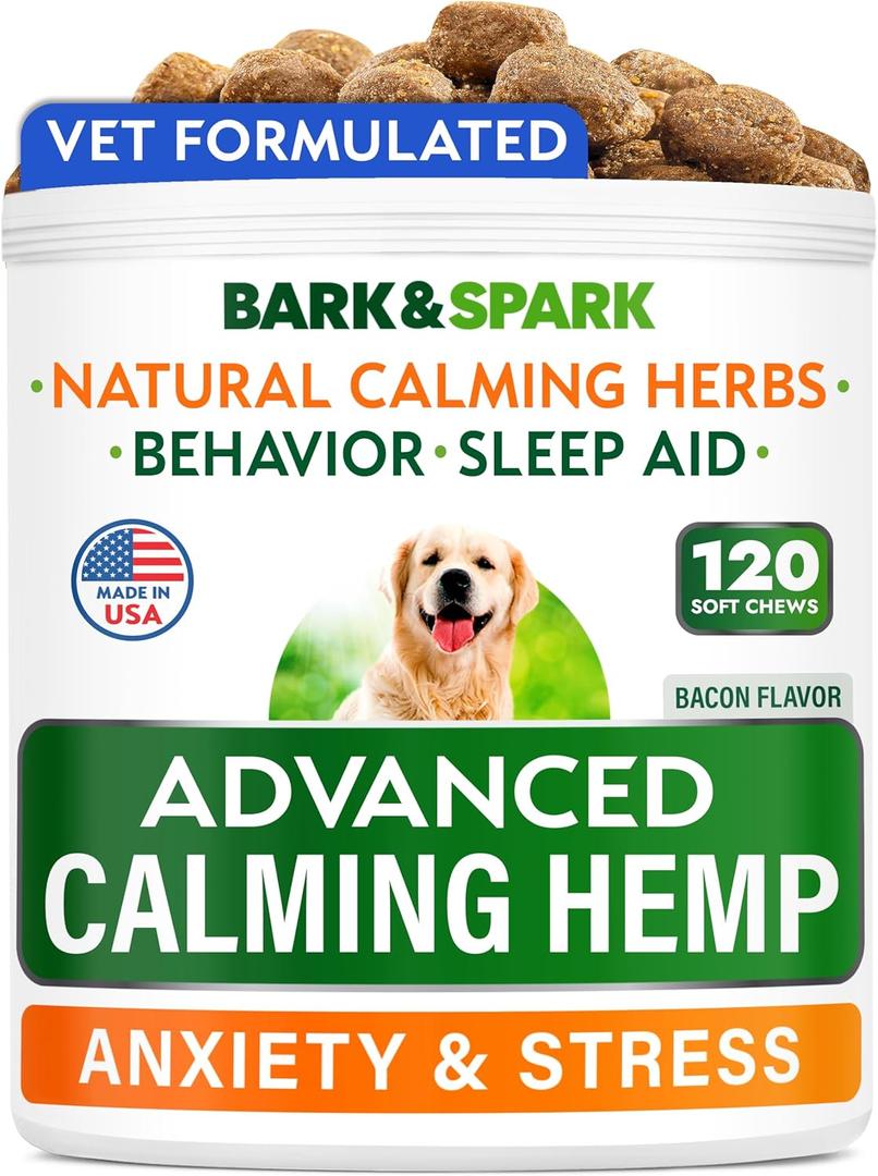 BARK&SPARK Advanced Calming Hemp Treats for Dogs - Hemp Oil + Melatonin - Anxiety Relief - Separation Aid - Stress Relief During Fireworks, Storms, Thunder - Aggressive Behavior, Barking - 120Ct BBQ (MAX STRENGTH Calming), Best By 02/2028