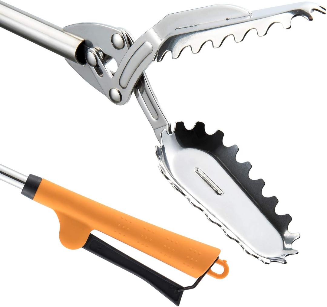 FTH All Stainless Steel Grabber Reacher Pickup Tool Heavy Duty Trash Picker Log BBQ Fireplace pits Snake Tongs Plogging tool