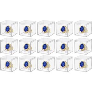 Championship Ring Display Case 15pcs Clear Acrylic Plastic Baseball Display Case Small Showcase with Mini Card Stand Holder Square Storage Box for Jewelry Sport Ring Candy Box