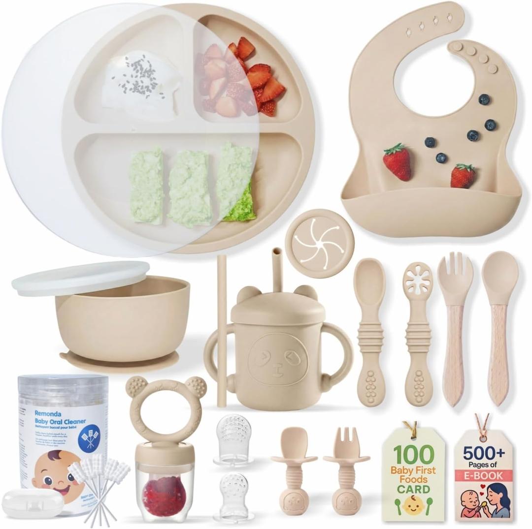 Remonda 23-Piece BPA-Free Silicone Baby Feeding Set | Extra Large Suction Plates, Toddler Bowls, Self Feeding Spoons, and More | Dishwasher Safe| Baby Led Weaning Supplies (Beige) A1