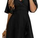 Dokotoo Women's Wrap V Neck Short Flared Sleeve Wedding Guest Dress Smocked Elastic Waist Tiered Belted Ruffle Hem Mini Dress, Large