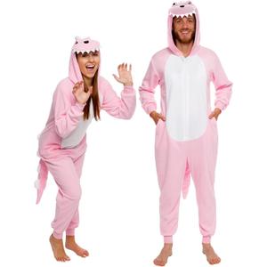 Funziez! Slim Fit Adult Onesie - Animal Halloween Costume - Plush Fruit One Piece Cosplay Suit for Women and Men (X-Large, Pink Dinosaur)
