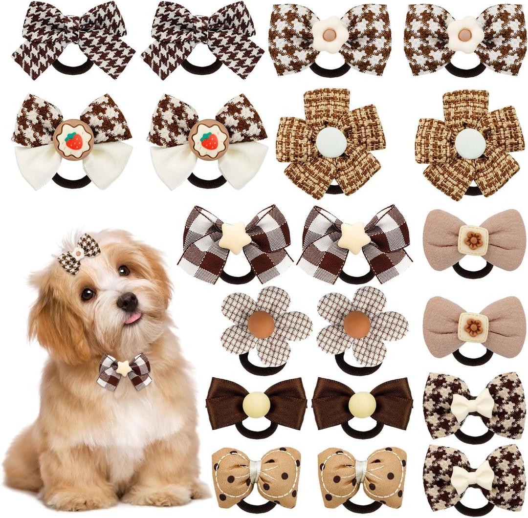 20 Pcs Brown Dog Hair Bows with Rubber Bands, Flower Bowknot Design Adorable Dog Hair Accessories for Small and Medium Dogs, Ideal for Pet Grooming, Parties and Daily Wear