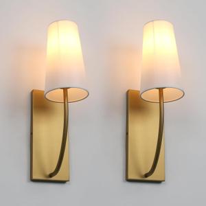 Yosoan Set of 2 Antique Brass Fabric Wall Sconce Bedside Indoor Light, Boho Modern Vintage Industrial Vanity Fixture, White Long Cone Fabric Shade for Bedroom Living Room Corridor Hallway Home Decor