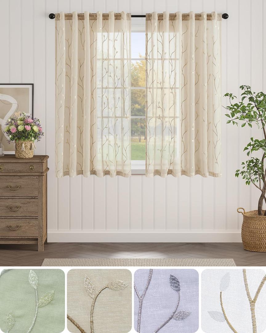 jinchan Beige Boho Sheer Linen Curtains for Bedroom 63 Inch Length Floral Embroidered Semi Sheer Privacy Drapes for Living Room Embroidery Voile Transparent Back Tab Window Treatments 2 Panels