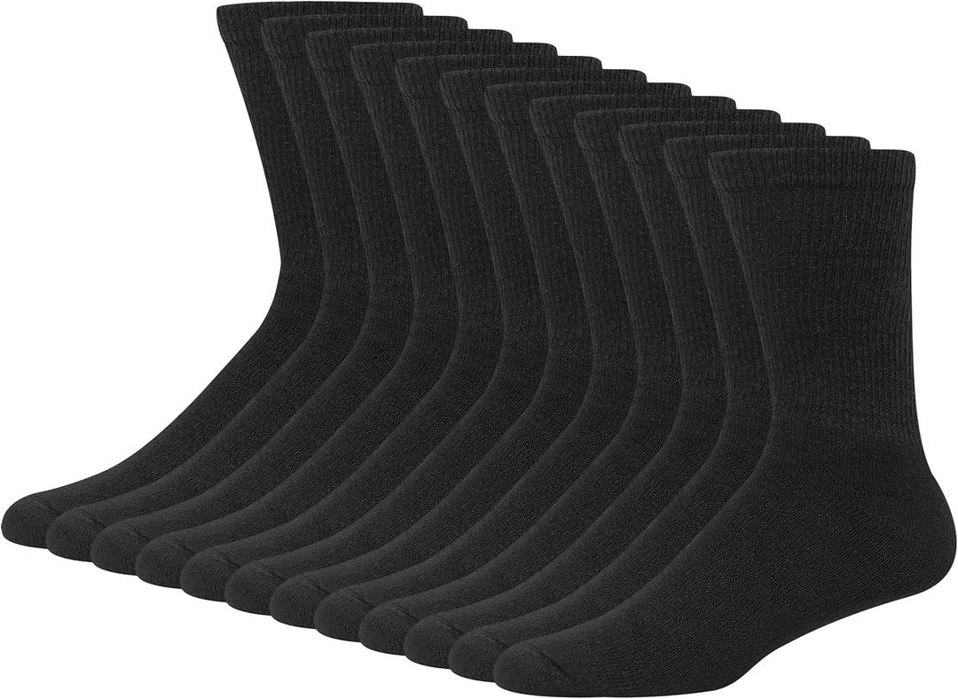 Hanes Men's Double Tough Socks, Crew and Ankle Moisturing Wicking Socks, Black & White, Multi-Packs (6-12, Black - 12 Pair)
