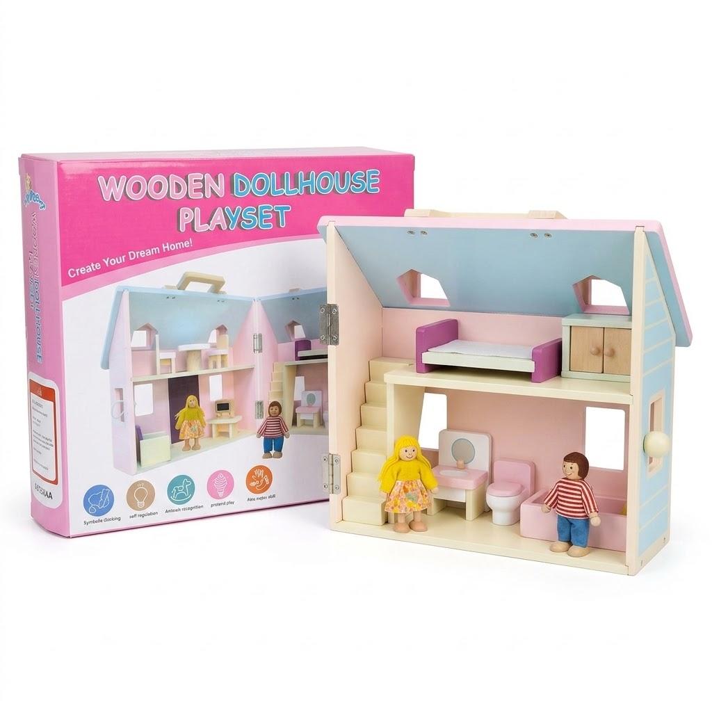 WoodTrove Dollhouse, Wooden Dollhouse for Kids, Foldable Wooden Doll House Dolls and Wooden Furniture, Gift for Boys Girls Kids Ages 3+