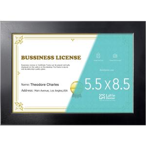LaVie Home 5.5 x 8.5 Picture Frame Black, 8.5 x 5.5 Business License Frame, Certificate Frames Fit Diploma, Document and Tax Certificate Self Standing with Wall Hangers1 Pack