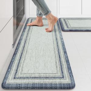KIMODE Anti Fatigue Kitchen Mat 2PCS,Non-Skid Waterproof Kitchen Rugs,Farmhouse Kitchen Mat for Floor,Cushioned Comfort Foam Standing Mat for Laundry,Office,Sink,Desk,Blue and Gray (17.3" x 47 "+ 17.3" x 29 "--0.47 inches)