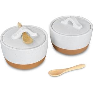 Mora Ceramic Salt and Pepper Cellar Set with Lid - 10 oz Modern Canister/Container/Bowl for Storage, Sea Salt, Spice, Sugar, Countertop - Small Dish/Jar with Wood Spoon, White Crock