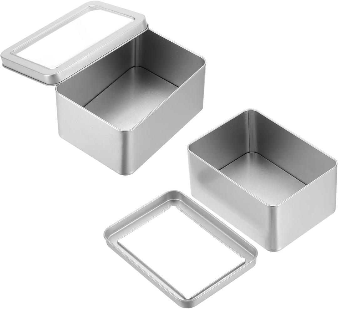 PATIKIL 2 Pcs Metal Tin Box, 5.1 x 3.7 x 2.4 Inch Rectangular Storage Tin Box with Lid Portable Tinplate Container with Window for Home Organizer Crafts Gifts Keys Cookies Cards Storage