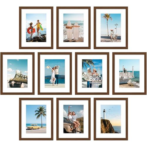DecorUhome 8x10 Picture Frame Set of 10, Display Photos 5x7 with Mat or 8x10 Unmatted for Picture Frames Collage Wall Decor, Brown