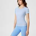 Womens Seamless Short Sleeve Workout Tee Featherlight Nylon Top for Gym Yoga Daily Wear (Blue)