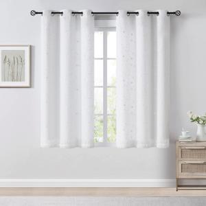 Bujasso Floral White Semi Sheer Curtains 54 inch Embroidered Leaf Patterned Window Curtain Panels with Lined Privacy Farmhouse Light Filtering Drapes for Living Room Bedroom Grommet Top W38 xL54 x2 (White/Double Layer)