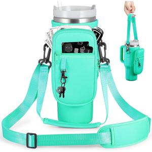 Water Bottle Carrier Bag with Phone Pocket for Stanley 40 & 30 oz Tumbler with Handle,Pink Insulated Neoprene Cup Holder Pouch w/Adjustable Strap for Quencher H2.0 Stanley Cup Accessories (40oz, Green)
