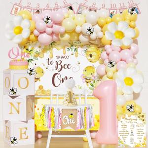 First Bee Day Decorations Girl 108PCs Honey Bee Themed 1st Birthday Party Supplies with So Sweet to Bee One Backdrop, Banner, Pink Yellow Balloon Garland Kit, Tablecloth
