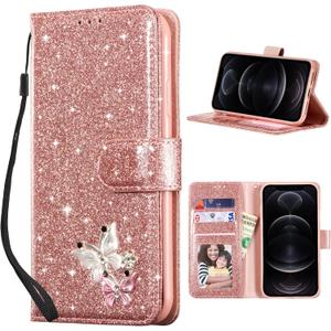 UEEBAI Wallet Case for iPhone 16 Pro, Glitter PU Leather Phone Cover Card Slots Kickstand Wallet Magnetic Closure Bling Flip Case Shockproof Hand Strap Flip Cover - Rose Gold