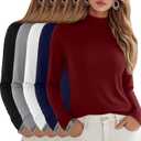 5 Pack Women's Cotton Mock Turtleneck Long Sleeve T-Shirts, Basic Tops Slim Fitted Stretch Underwear Layer Tee (X-Large, Burgundy, Navy Blue, White, Light Gray, Black)