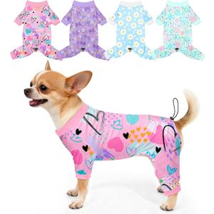 Bienbee Dog Pajamas, 4 Pack Dog Recovery Suit Shedding Suit Cute Soft Puppy Clothes Dogs Pjs Onesies Jammies Adjustable Breathable & Stretchy Clothes for Small Dogs Girl Boy Puppy-S