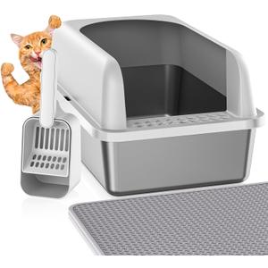 Stainless Steel Litter Box with Lid, Metal Litter Box with Cat Litter Mat,Extra Large Enclosed Cat Litter Boxes for Multiple Cats, Anti-Leakage,Non-Stick, Easy to Clean, Included Mat, Scoop (1 Pack-L)