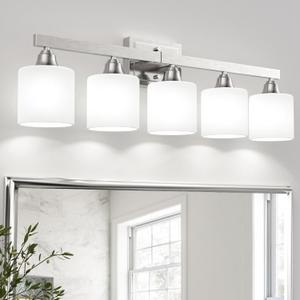 VOLISUN Brushed Nickel Bathroom Light Fixtures, 5-Light Bathroom Vanity Lights Over Mirror, Modern Vanity Light for Bathrooms, Bathrooms Lights Fixtures Over Mirror with Milky White Glass Shades