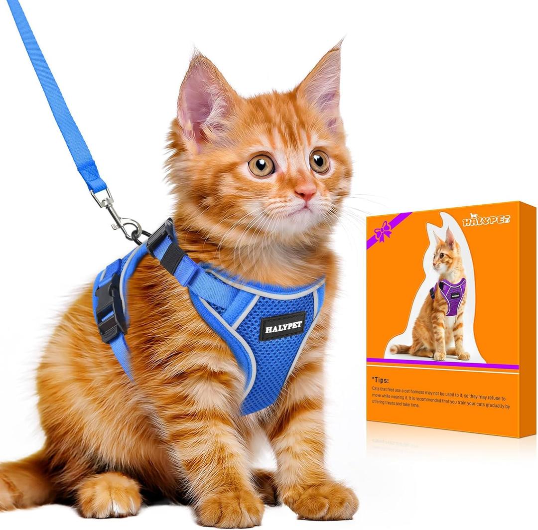Halypet Cat Harness and Leash Set [MAX Safety 4th-Gen Upgrade] Escape Proof Adjustable Cat Leash Comfortable Soft Vest Easy to Wear Kitten Harness with Reflective Strip for Cats Walking, S Blue (Small (7-12lb))