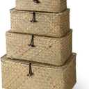 Set of 4 Wicker Baskets with Lids, Nautral Seagrass Storage Baskets, Woven Rectangular Basket Bins, Rattan Storage Organizer for Shelf Closet Bedroom(Natural Color)