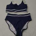 BMJL Women's High Waisted Bikini Ribbed Two Piece Swimsuit High Cut Color Block Adjustable Straps Bathing Suit (Medium, Navy Blue043)