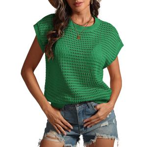 ATHMILE Womens Spring Tops Summer Shirts Beach Vacation Crochet Cap Sleeve Knit Sweater Pullover Cute Fashion Clothes Green