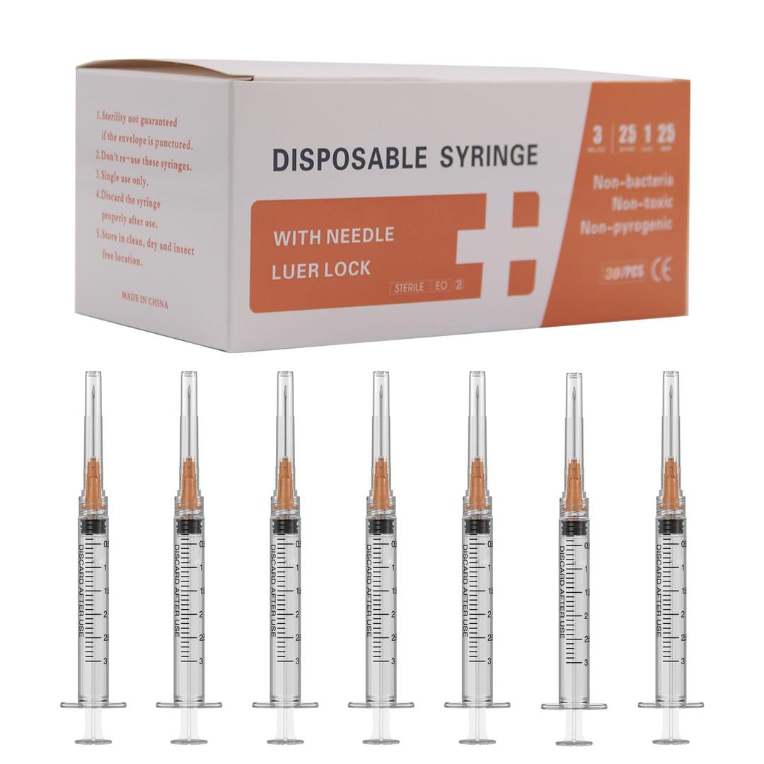 25 Gauge 1 inch Needle with Syringe(30 Pack) , 3ml Luer Lock Disposable Syringes with Needle ,Individually Wrapped