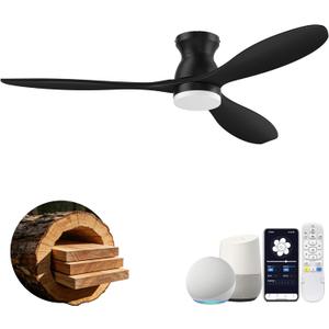 52" Smart Flush Mount Ceiling Fans with Light Remote,Wood,Low Profile,Black | Alexa/App Control,Easy Install,Quiet,Hugger LED Ceiling Fan for Outdoor Indoor Patio Bedroom Living Room,3 Blade,High CFM