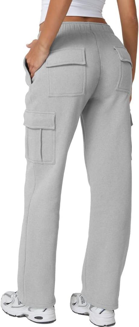 QINSEN Baggy Medium Waist Elastic Sweatpants for Womens Casual Long Fleece Cargo Pants with Pockets (M)