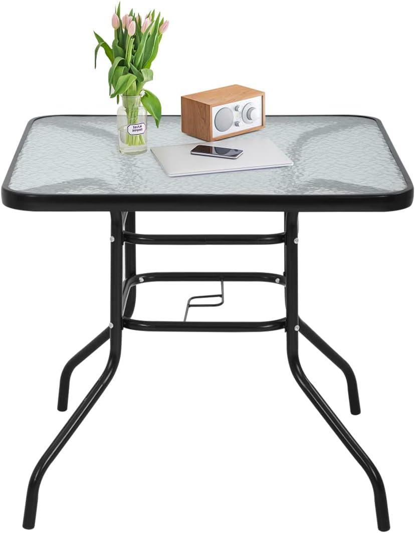 32" Square Outdoor Dining Table - Tempered Glass Top with Umbrella Hole,Weather-Resistant Metal Patio Table for Backyard,Poolside, Balcony, Garden - Black