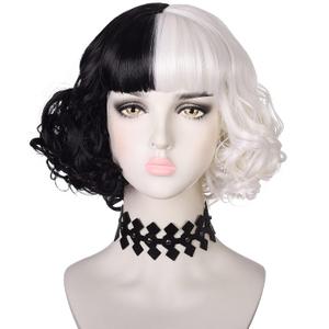morvally Black and White Wig with Necklace for Women Girls Halloween Party Short Curly Bob Synthetic wigs with bangs for Costume Cosplay Events including Choker , Pack of 1