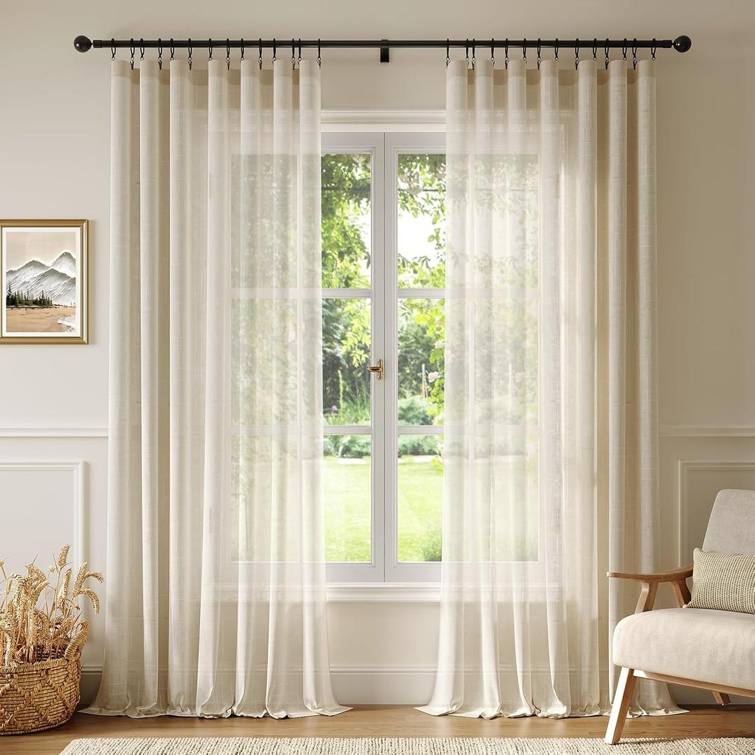 Natural Linen Curtains for Living Room 84 Inch Length 2 Panels Set with Curtain Rings and Clips, Light Filtering Semi Sheer Window Curtain Drapes for Bedroom, 52 Inch Wide Each Panel, Ecru