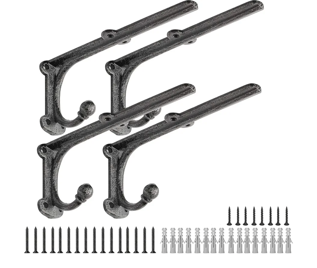 Rustic Floating Shelf Bracket 8 Inch, Cast Iron Shelf Brackets for Wall Shelving, Heavy Duty Shelf Bracket Supports, Decorative Shelves Brackets with Hooks, 4 Pack