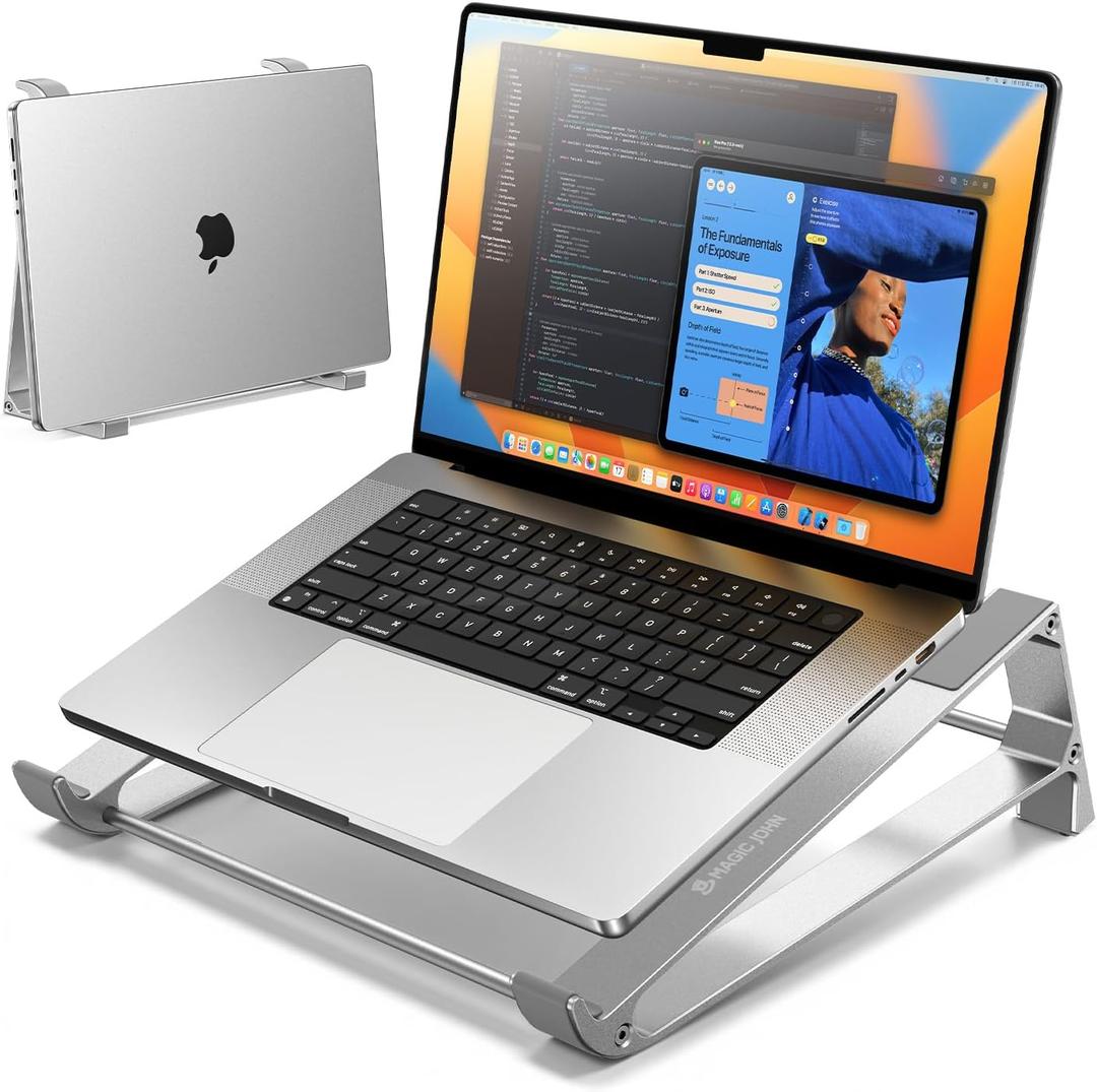 MAGIC JOHN Laptop Stand for Desk, Storage Laptop Riser Portable, Aluminum Ergnomic Computer Stand with Silicone Pads,Cooling & Laptop Holder, Compatible with MacBook Air Pro, HP, Dell, (10-17 Inch)