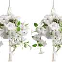 Artificial Hanging Flowers with Basket for Outdoors, 2 Pack Fake Petunia Flowers UV Resistant, Realistic Faux Hanging Plants for Home Porch Patio Garden Balcony Yard Decor (White)