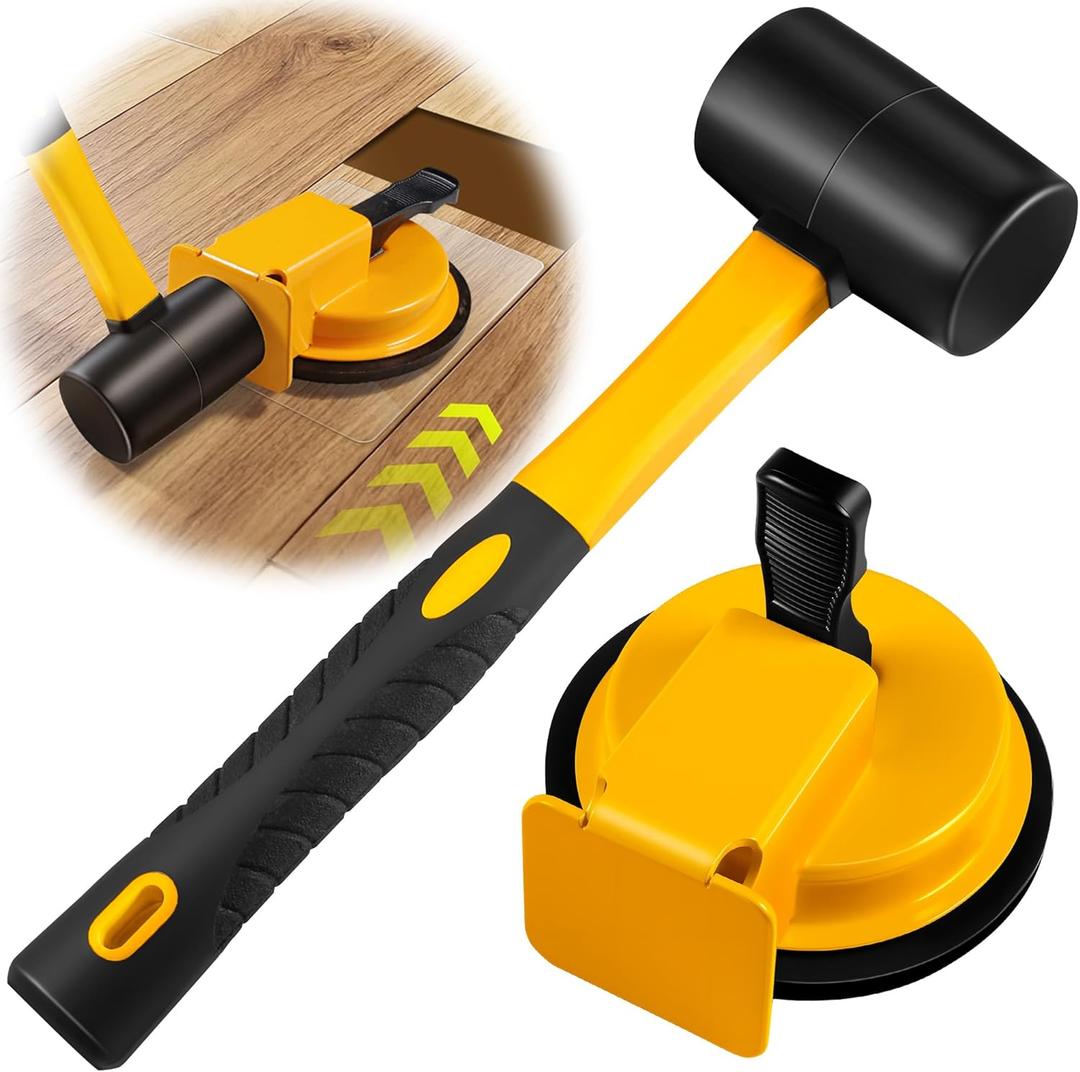 Floor Gap Fixer Tool with Rubber Mallet, Iron Body & Strong Suction Cup, Includes 5 Sticky Pads for Laminate, Vinyl, Wood & Tile Flooring Installation and Repair (Yellow)