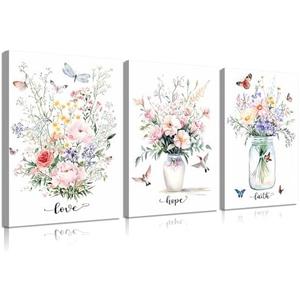 3Pcs Framed Wildflowers Canvas Wall Art Modern Christian Love Hope Faith Poster Print Bible Verses Floral Picture Flowers Butterfly Hummingbird Painting Wall Decor for Bedroom Living Room 24x16in