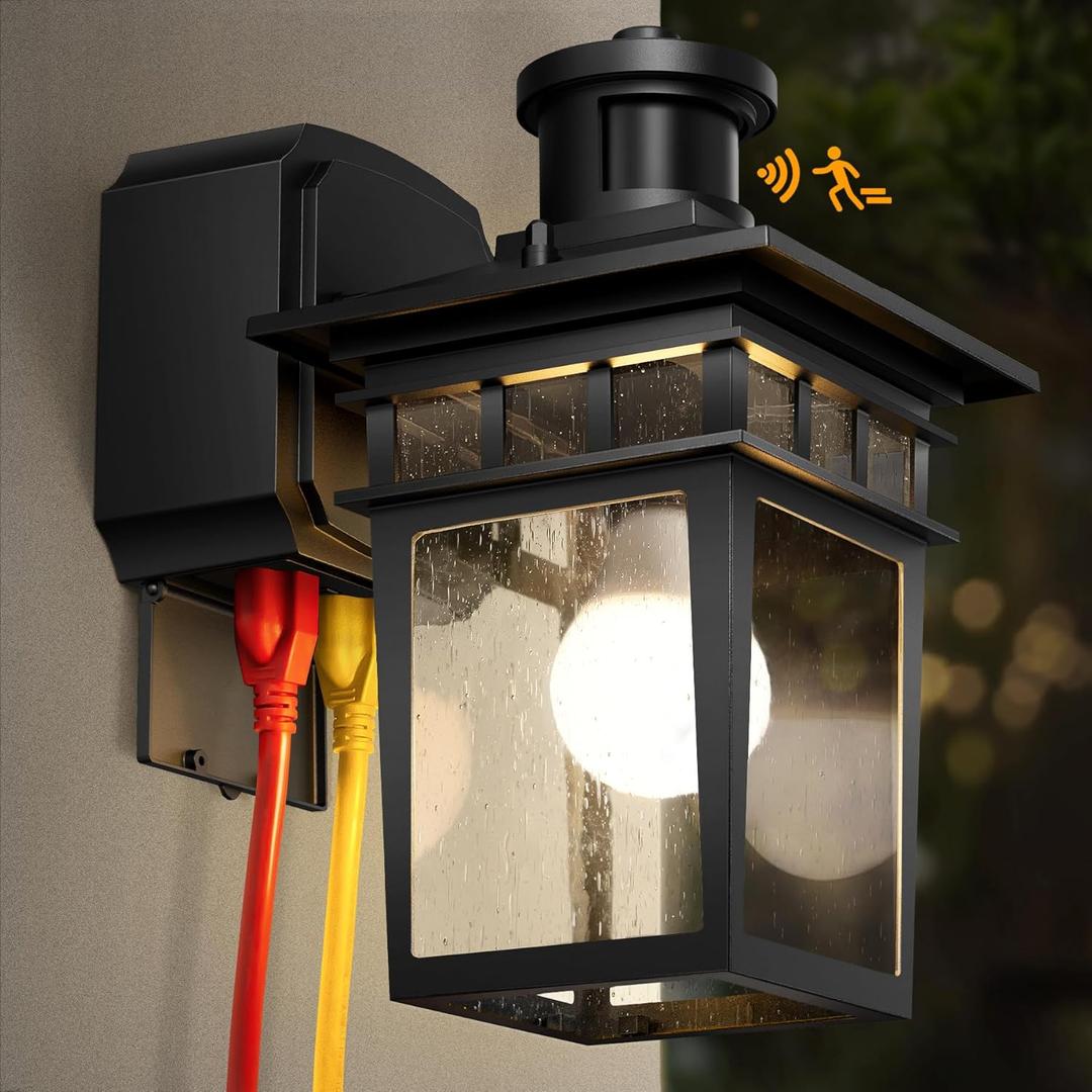 Porch Lights with GFCI Outlet, Black Dusk to Dawn Motion Sensor Outdoor Light, 3-Mode Wall Exterior Lighting Fixture, Waterproof Outside Lights Sconce for House Front Door Patio Garage