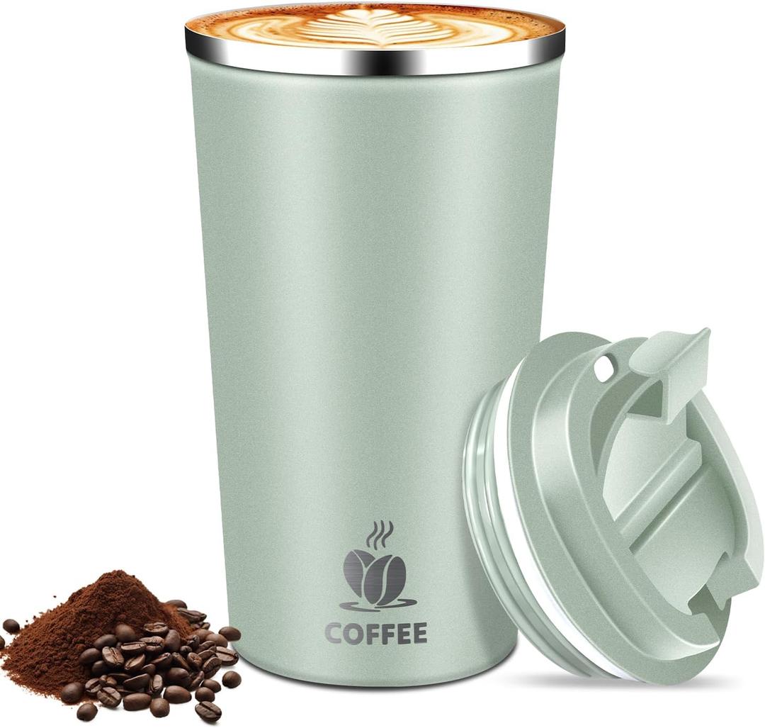Hwawhin 17 Oz Insulated Travel Coffee Mug with Flip Lid Leakproof Stainless Steel Insulated Coffee Tumblers, Reusable Coffee Cup for Hot & Cold Drinks, Perfect for Camping & On-the-Go (Agave Green)