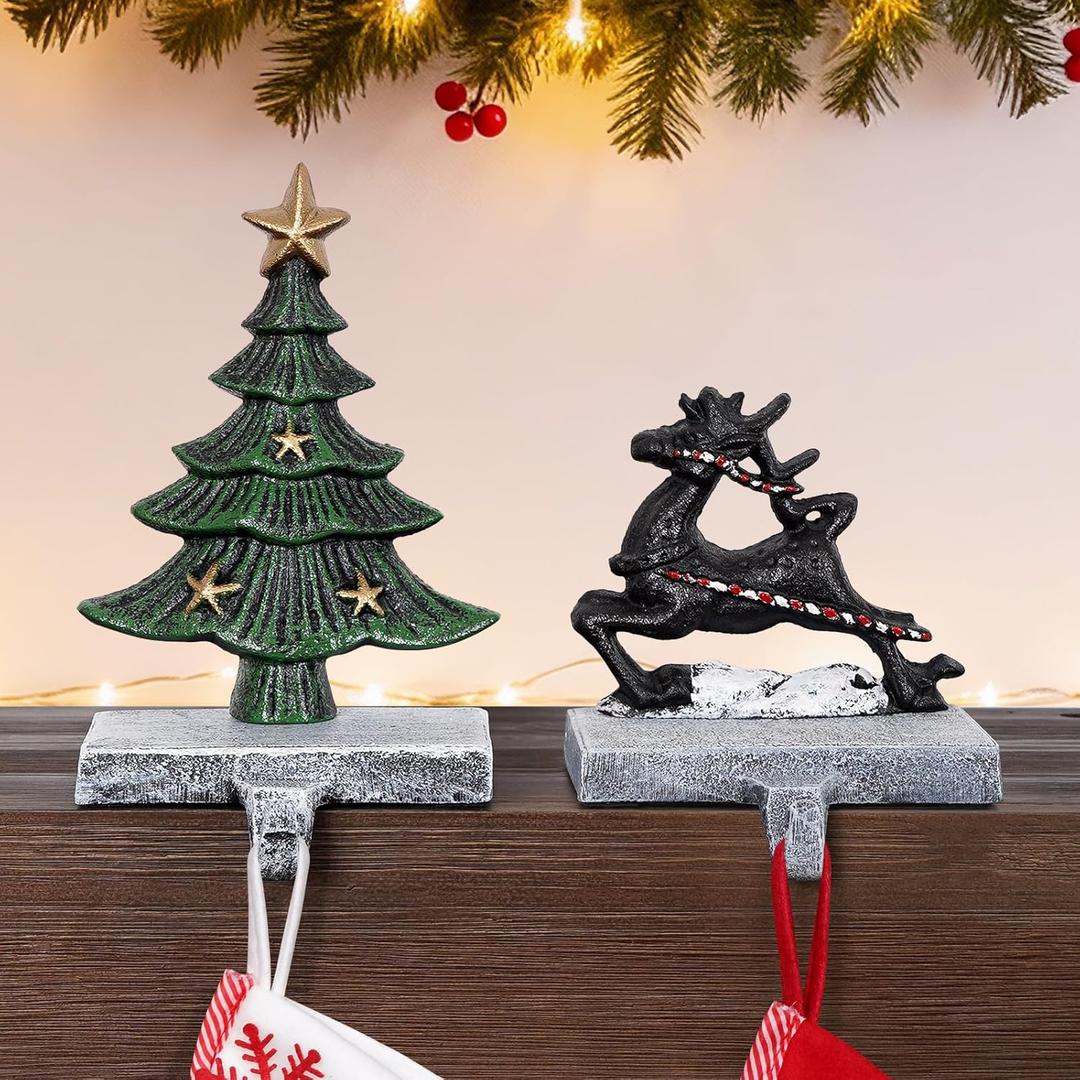 INNO STAGE Christmas Stocking Holders for Mantle Set of 2, Heavy Duty Cast lron Stocking Holder with Non-Slip Base, Xmas Tree Reindeer Stocking Hooks, Stocking Hangers for Fireplace Shelf Table Decor