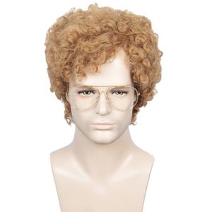 Linfairy Light Brown Short 80's Costumes Men's Disco Dirt Bag Wig Halloween Cosplay Costume Wigs with Glasses